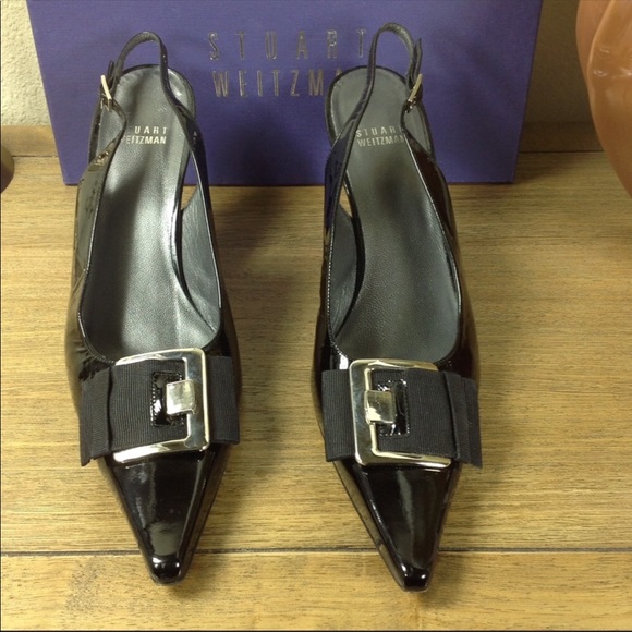 Stuart Weitzman Black Patent Leather Sling Backs - Picture 2 of 8